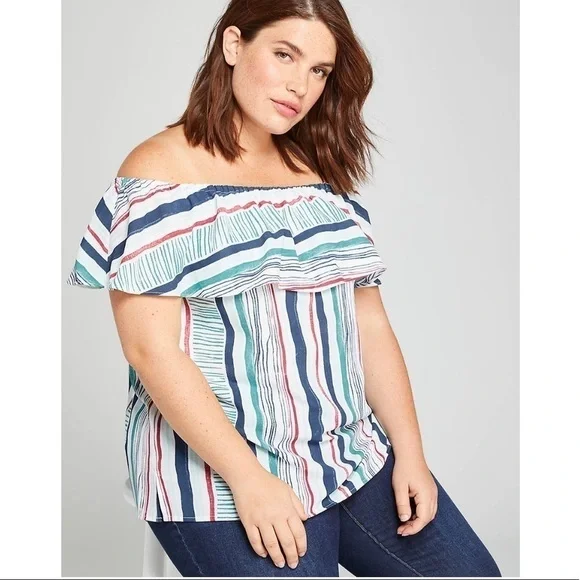 Lane Bryant Striped Off-The-Shoulder Top 14/16 - Picture 1 of 7